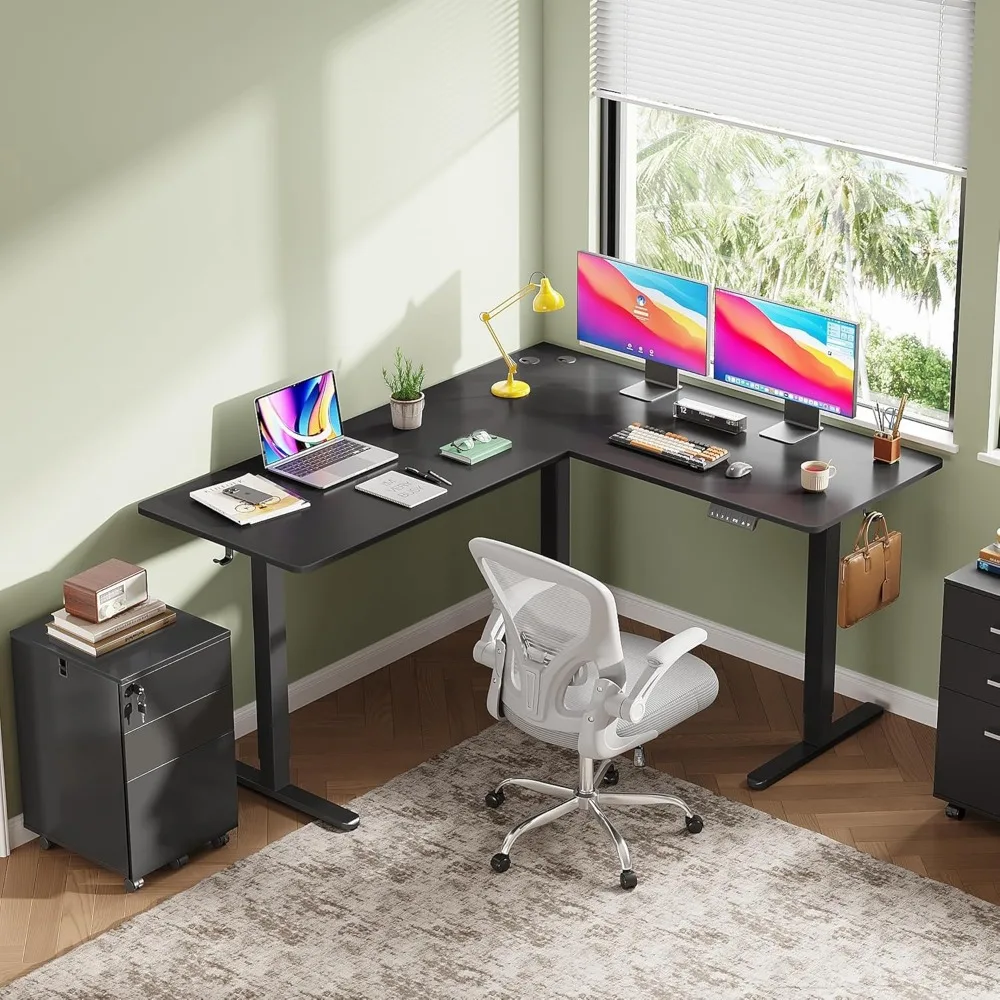 مكتب قائم على شكل حرف L بارتفاع قابل للتعديل، مكتب قائم بزاوية كهربائية بمحرك مزدوج، مقاس 63 × 55 بوصة، مكتب مكتب منزلي مع
