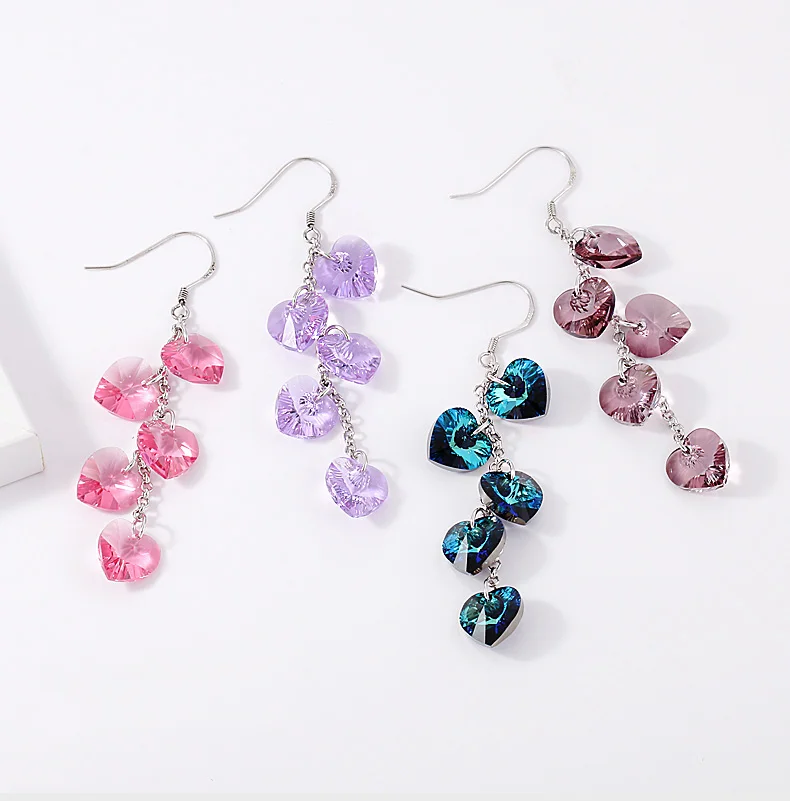 

Romantic Heart Drop Dangle Earrings Original Crystals from Austria Long Tassel Earrings for Women Luxury Brand Silver Jewelry