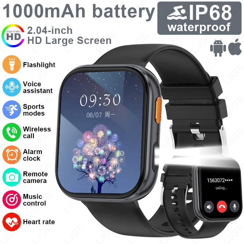 

LIGE 1000mAh Battery Smart Watch Men Bluetooth Call 2.04‘’ HD Screen Heart Rate Sleep Health Monitor Sports Fitness Smartwatch