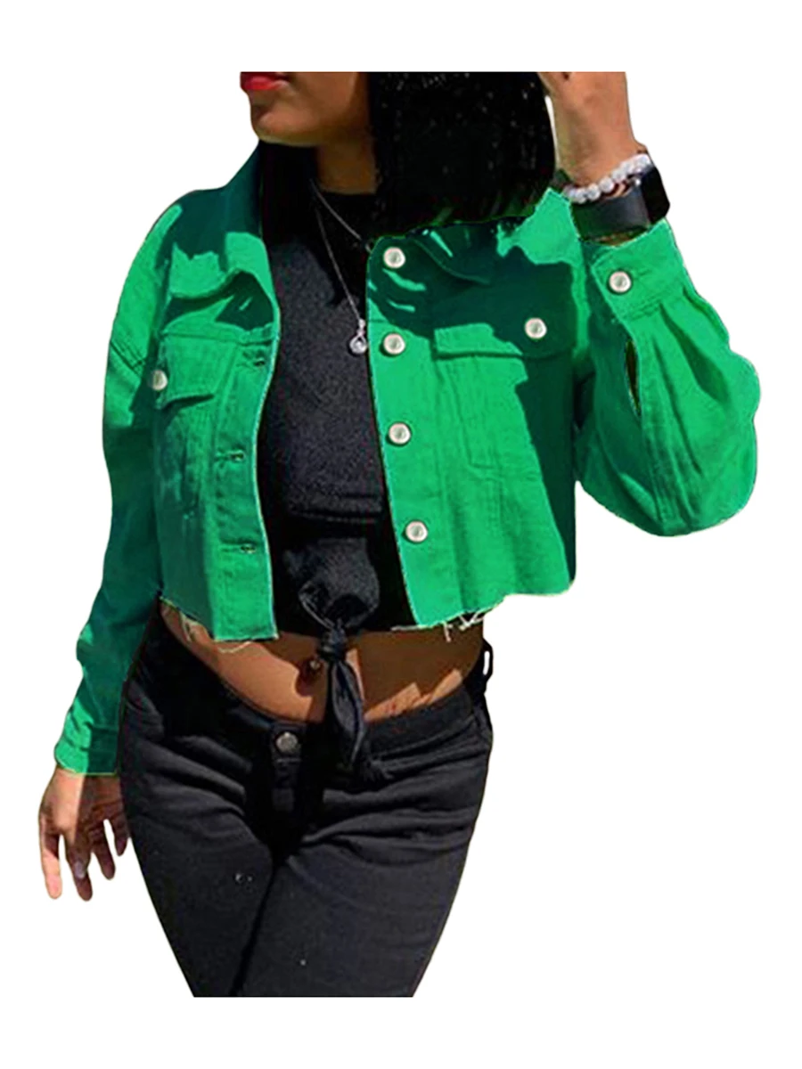 Denim Short Jacket For Women Long Sleeve Lapel Jacket Lady Spring Autumn Button Down Distressed Hem 