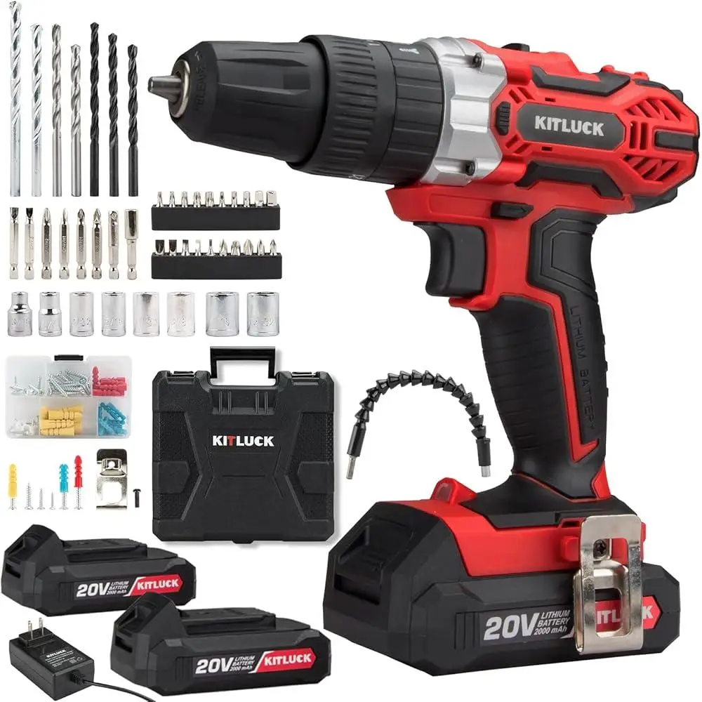 20V Cordless Drill Set with 2x2.0AH Battery 44pcs Drill Bits Impact Driver Kit Electric Power Tool with LED Light Bubble Level