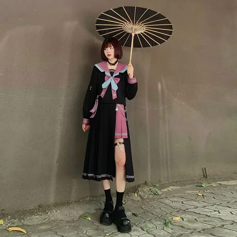 Original Contrasting Color Navy Collar Short Long Sleeved Top Irregular Pleated Skirt Jk Uniform Female Japanese Sailor Suit