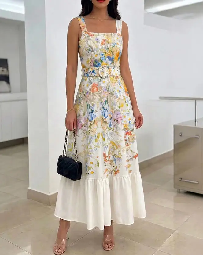 

Women's Dress 2026 Spring Summer New Fashion Floral Print Square Collar Sleeveless Cinched Waist Backless Casual Long Dress