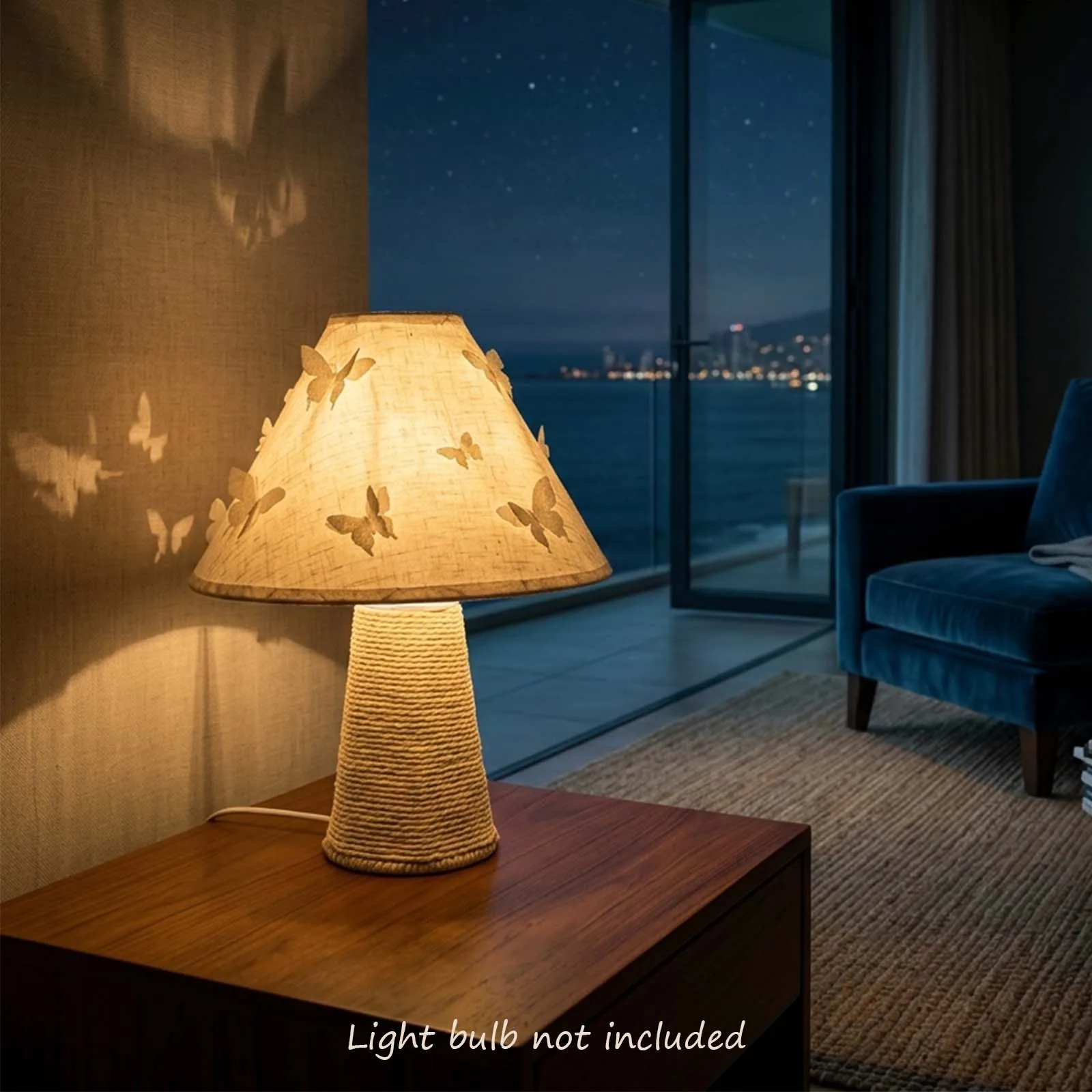 Table Lamp, White Woven Shade, 3D Butterfly Accent, Conical Base, E27, Boho Bedside Night Light