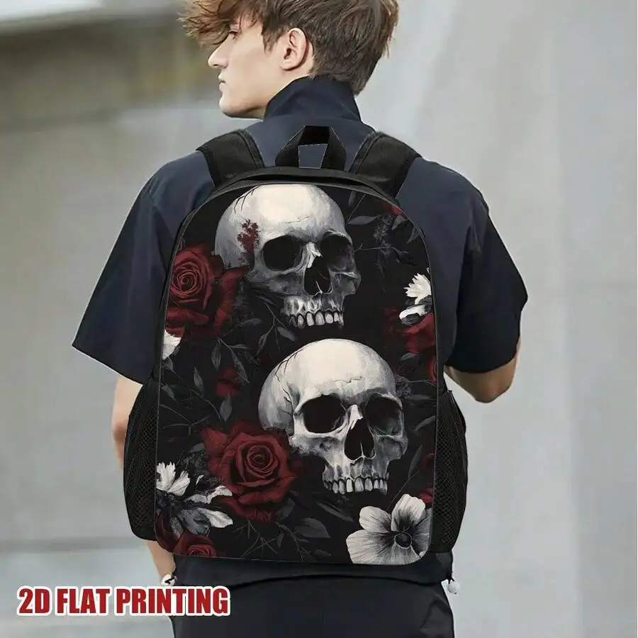 

Gothic Skull Floral Backpack Black Red White 2D Flat Print Lightweight Daily Travel Bag