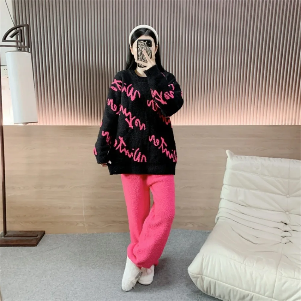

Autumn and winter half-velvet pajamas, loose women's outer wear, long-sleeved home clothes set
