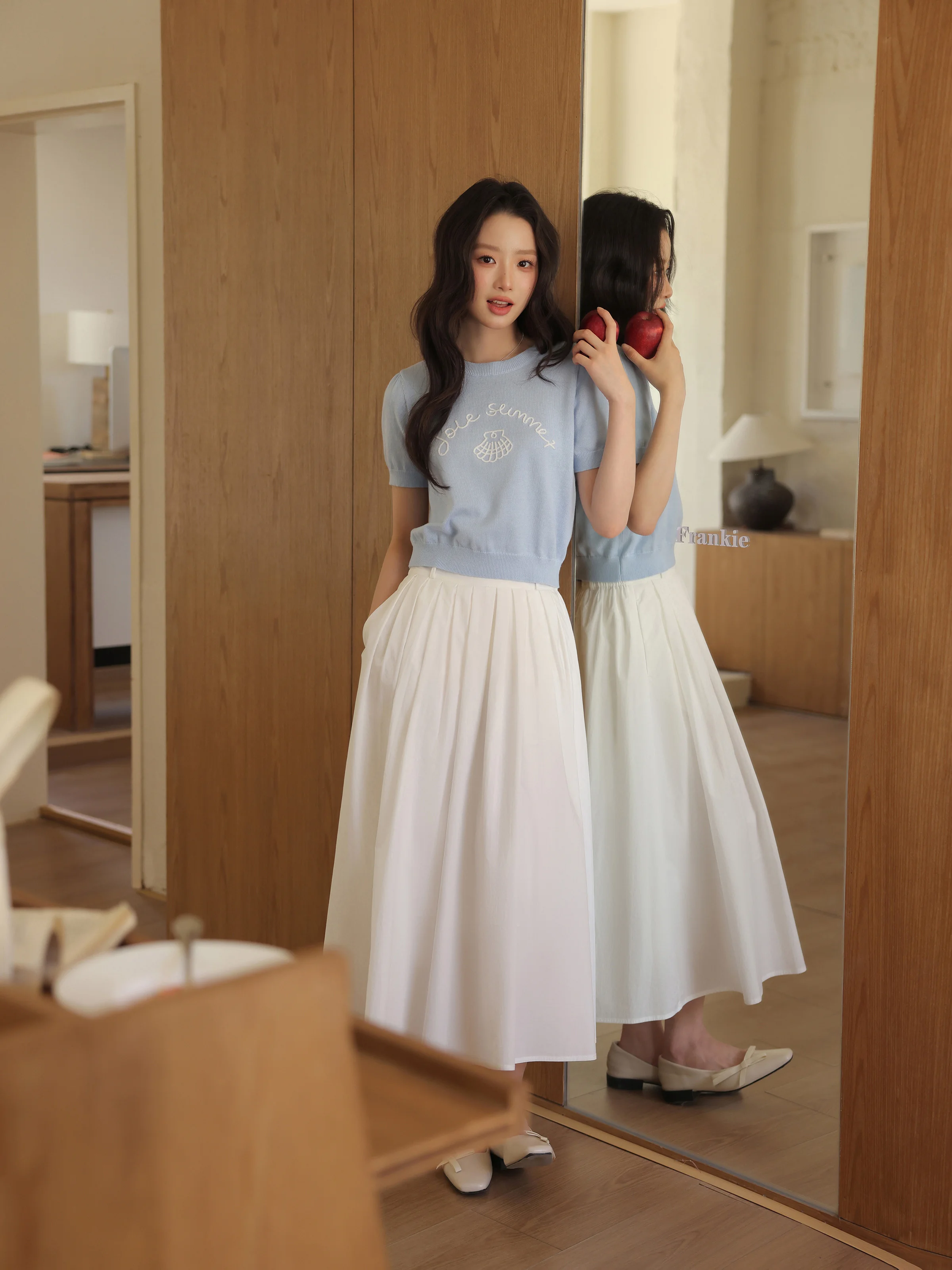 High Waist White A-Line Midi Skirt Women Summer Loose Fit Flowy Pleated Skirt Slimming Elastic Waist Flared Skirt Casual Wear