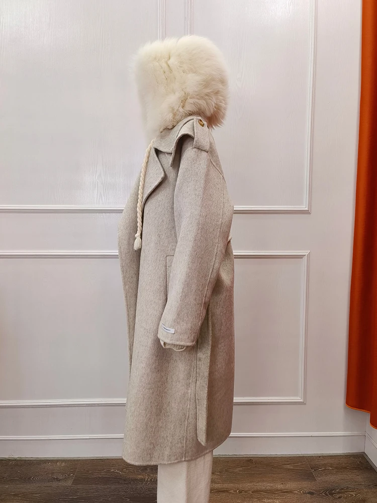 Vendita calda inverno donna pelliccia di volpe naturale cappotto con cappuccio giacca di lana di cashmere giacca di lana vera donna outwear cappotto femminile giacca di lusso