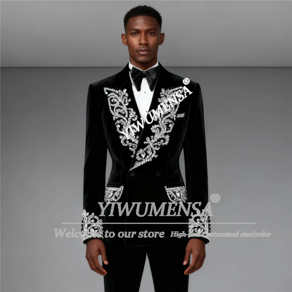 

Роскошные мужские костюмы с бисером и кристаллами, двубортные бархатные смокинги для жениха, подходят для индивидуальных нарядов из двух предметов, terno masculino completo