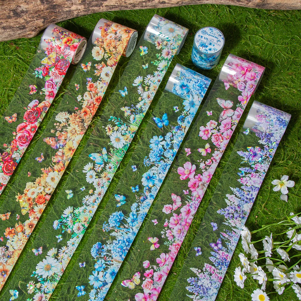 6Style 200cm/Roll Flowers PET Tape Shell Light Landscaping Handbook DIY Material Loop Sticker Scrapbook Decoration