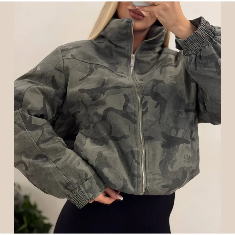 Women Camo Print Hooded Zipper Jacket Elastic Cuff Jacket Cropped Short Length Loose Puffer Winter Warm Winter Street Jackets