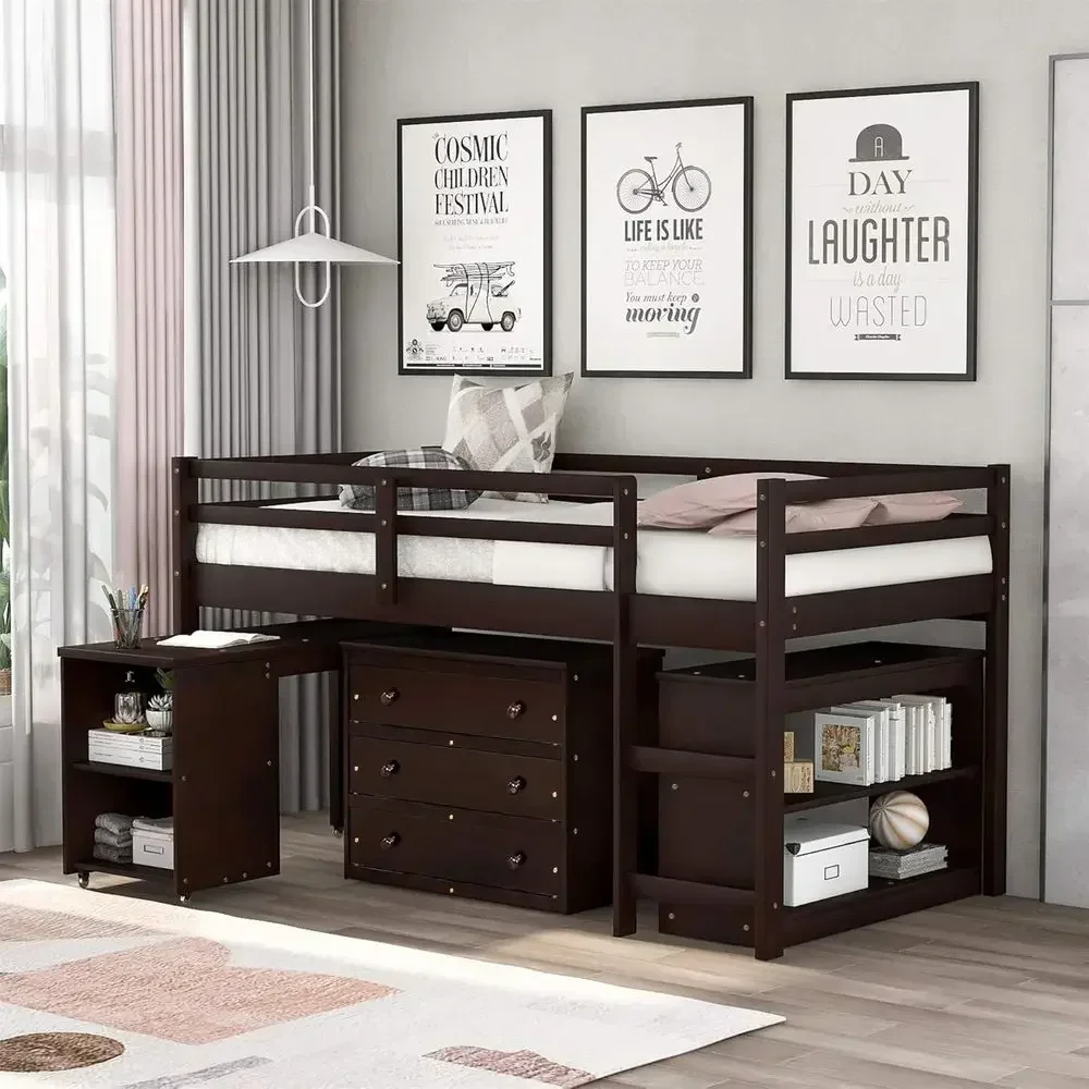 Low Twin Loft Bed with Storage Cabinet and Rolling Desk