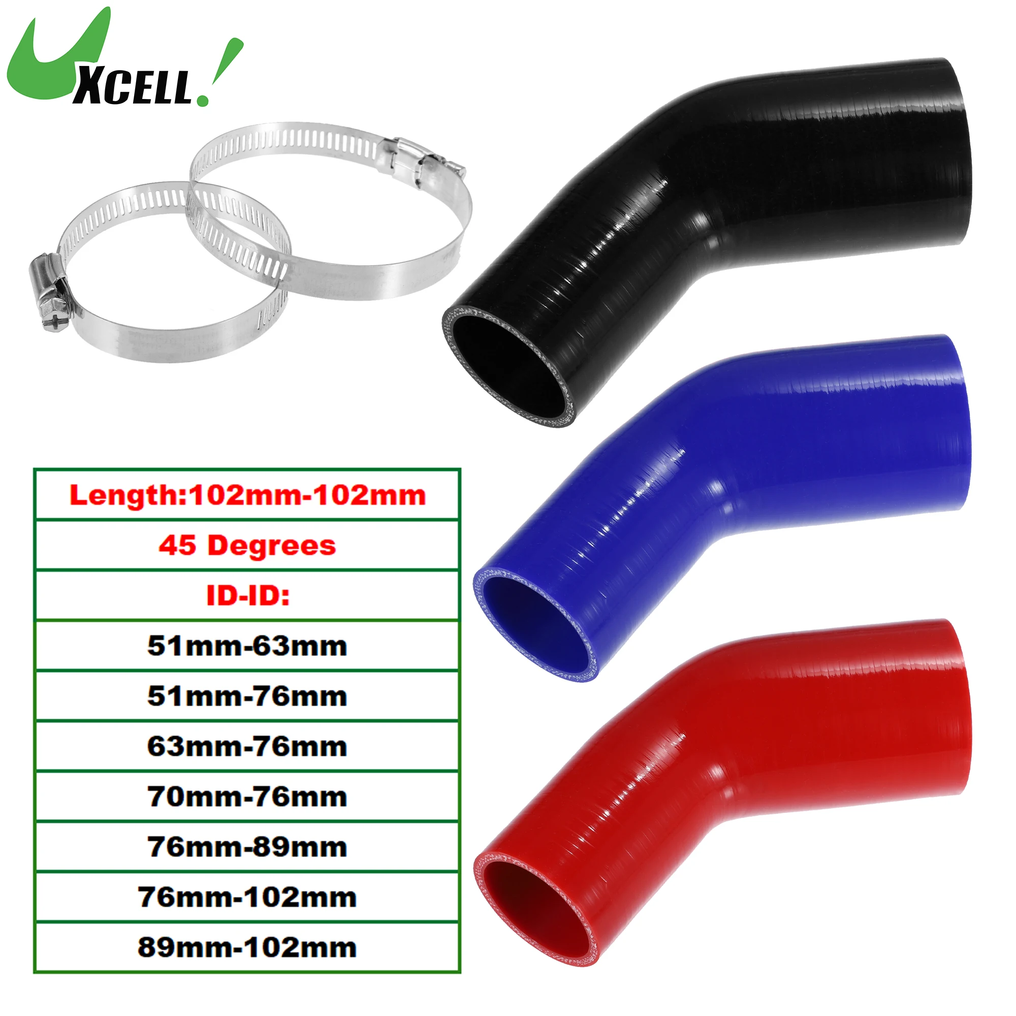 

UXCELL 45 Degree 51mm ID to 102mm ID 4Ply Car Elbow Reducer Silicone Hose Coupler Intercooler Tube Intake Piping with Clamps