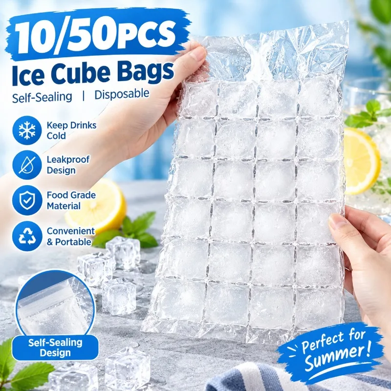 10/50PCS Portable Ice Cube Bags Disposable Self Sealing Ice Maker Bags for Freezer Cold Drinks Juice Cocktails Home Summer Party