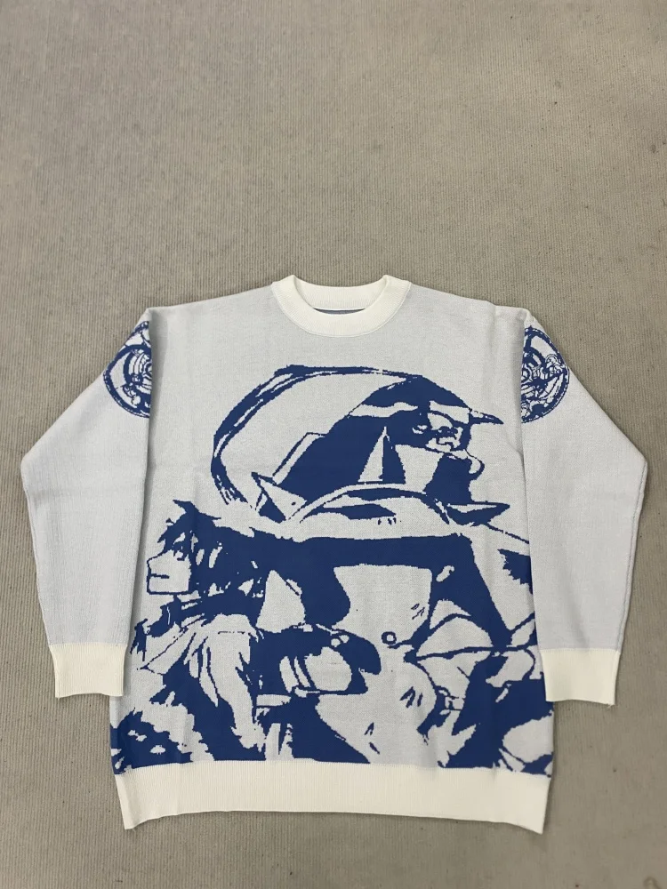 

Y2k Hip Hop Gothic Cartoon Print Oversized O Neck Knitted Sweater American Streetwear Unisex Harajuku Fall Winter Pullover