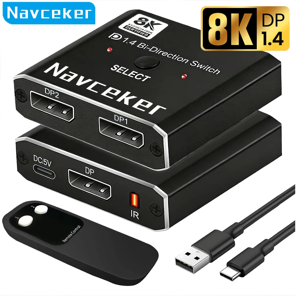 Navceker DisplayPort Switch 8K Splitter Bidirectional 4K 120Hz DP 1.4 Switcher Box with IR Remote 1 in 2 Out for PC Laptop