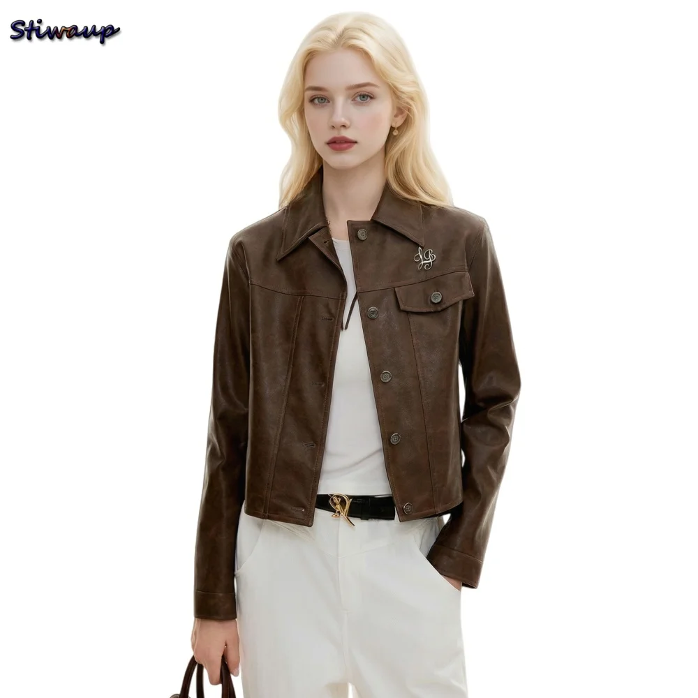 

Women's Leather Jacket Brown Short Fashion Women's Genuine Sheepskin Coat 2026 Spring Real Leather Jacket Woman Luxury Designer