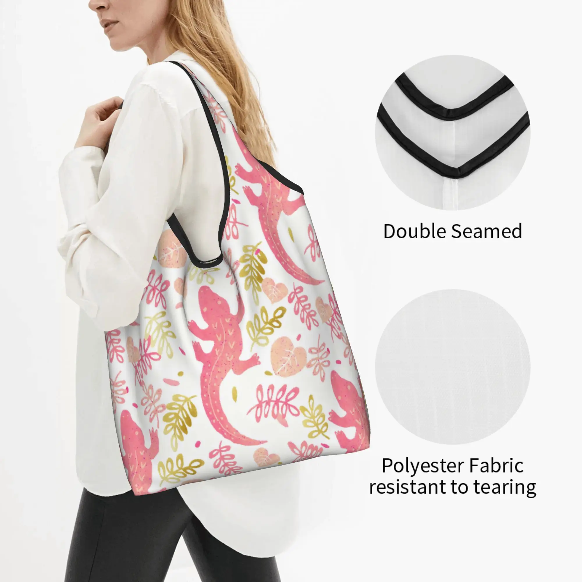 Funny Pink And Gold Alligators  Shopping Tote Bag Portable Crocodile  Animal Reptile   Groceries Shopper Shoulder Bag