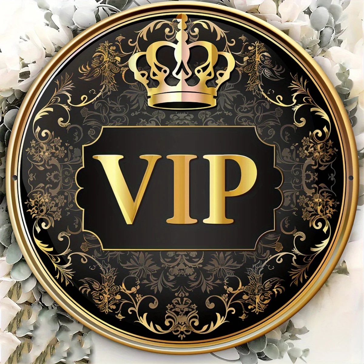 VIP Crown 8,0' Rundes Retro 2D Aluminium Metallschild mit Goldfolie Graviert für Wand, Haus, Garten, Raumdekoration