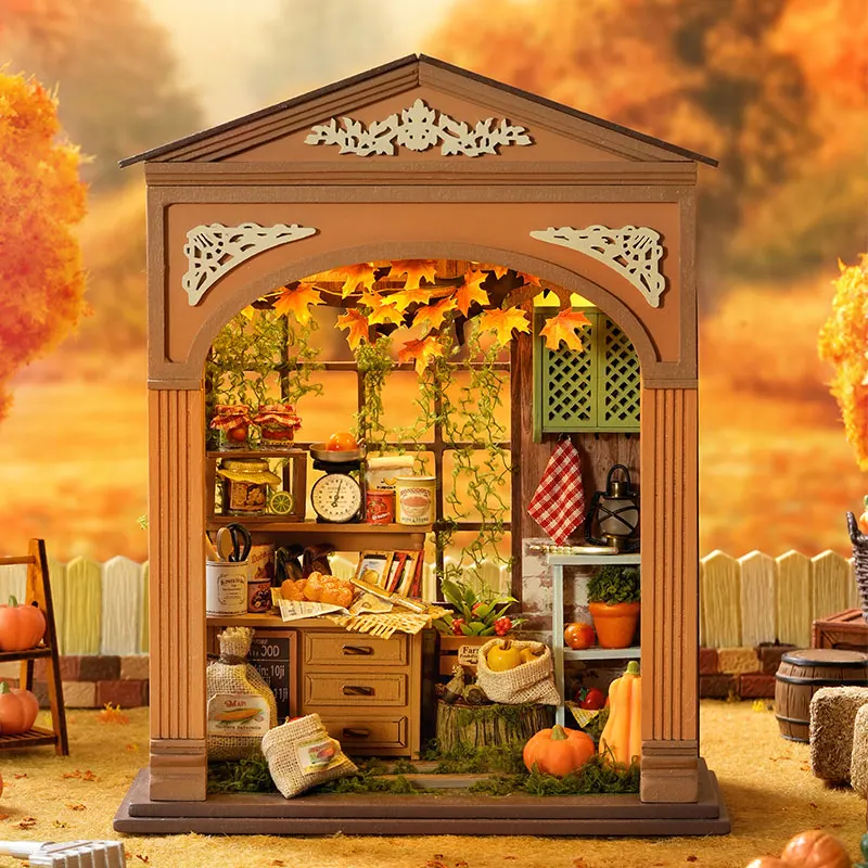

DIY Miniature House Kit Autumn Harvest Vintage Kitchen Cottage Wooden Handmade Assembled Dollhouse With Warm LED Light Desktop D