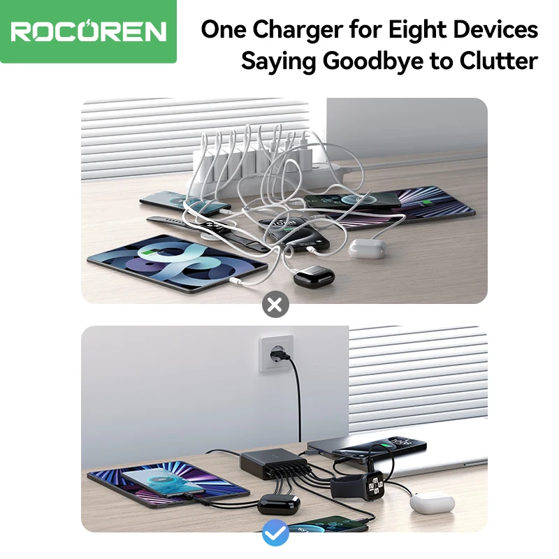 Rocoren 200W 8 in 1 Multi Port USB Type C PD High Speed Charger Desktop Fast Charging Power Station For iPhone 15 Samsung Xiaomi