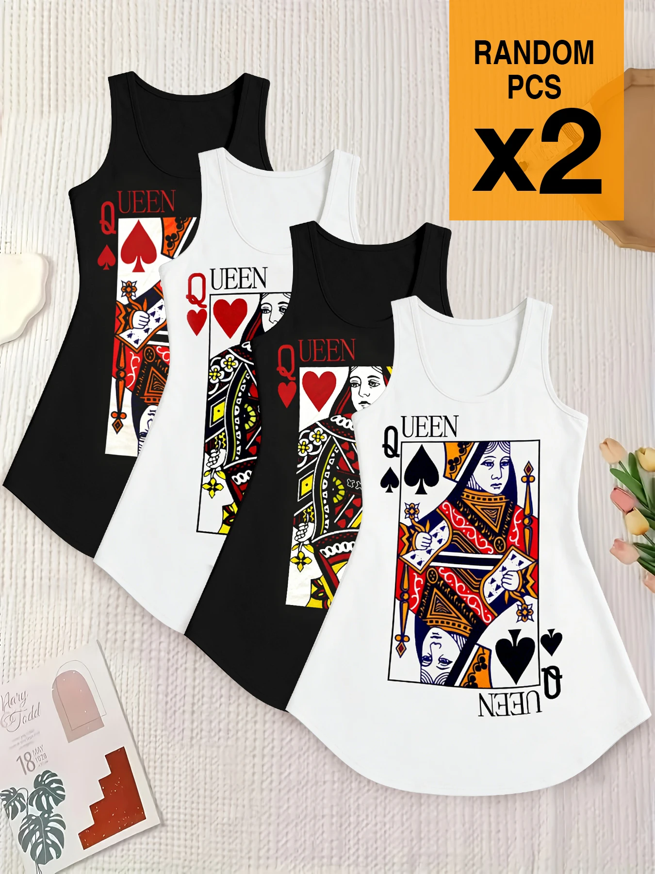 

2-Pack of All-Season Nightgowns for Women, Fashionable Poker Print Sleeveless Tank Tops That Can Be Worn Outside as Home Dresses