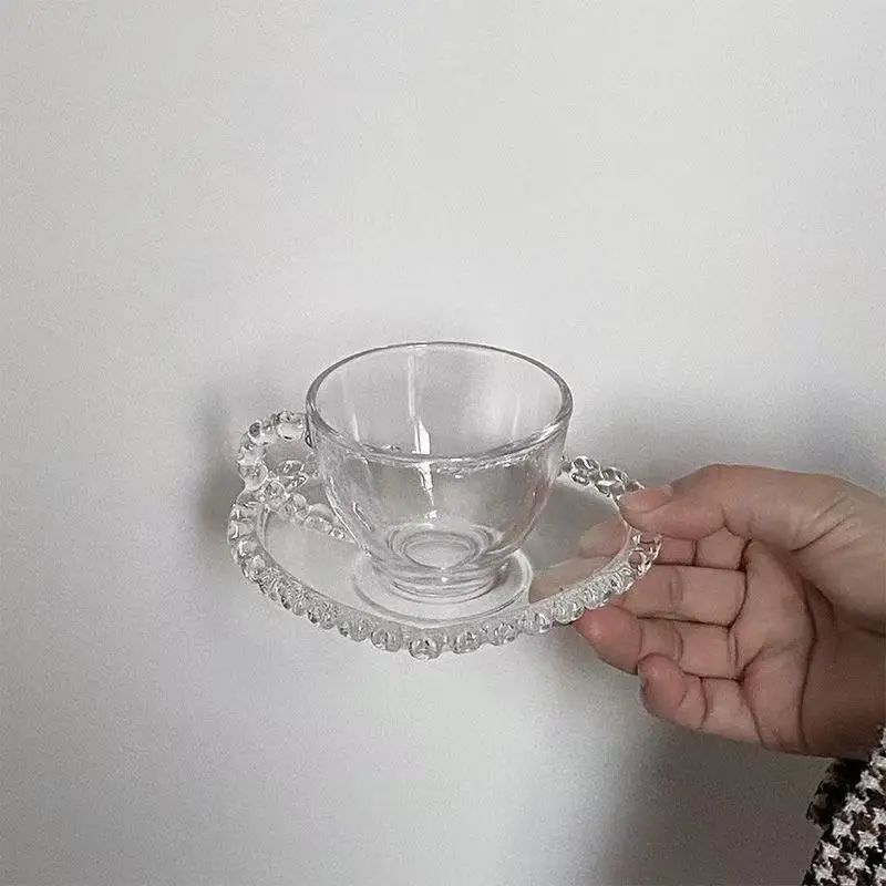 INS Romantic European Mini Espresso Cup Saucer Love Glass Girl Heart Simple Flower Tea Cup