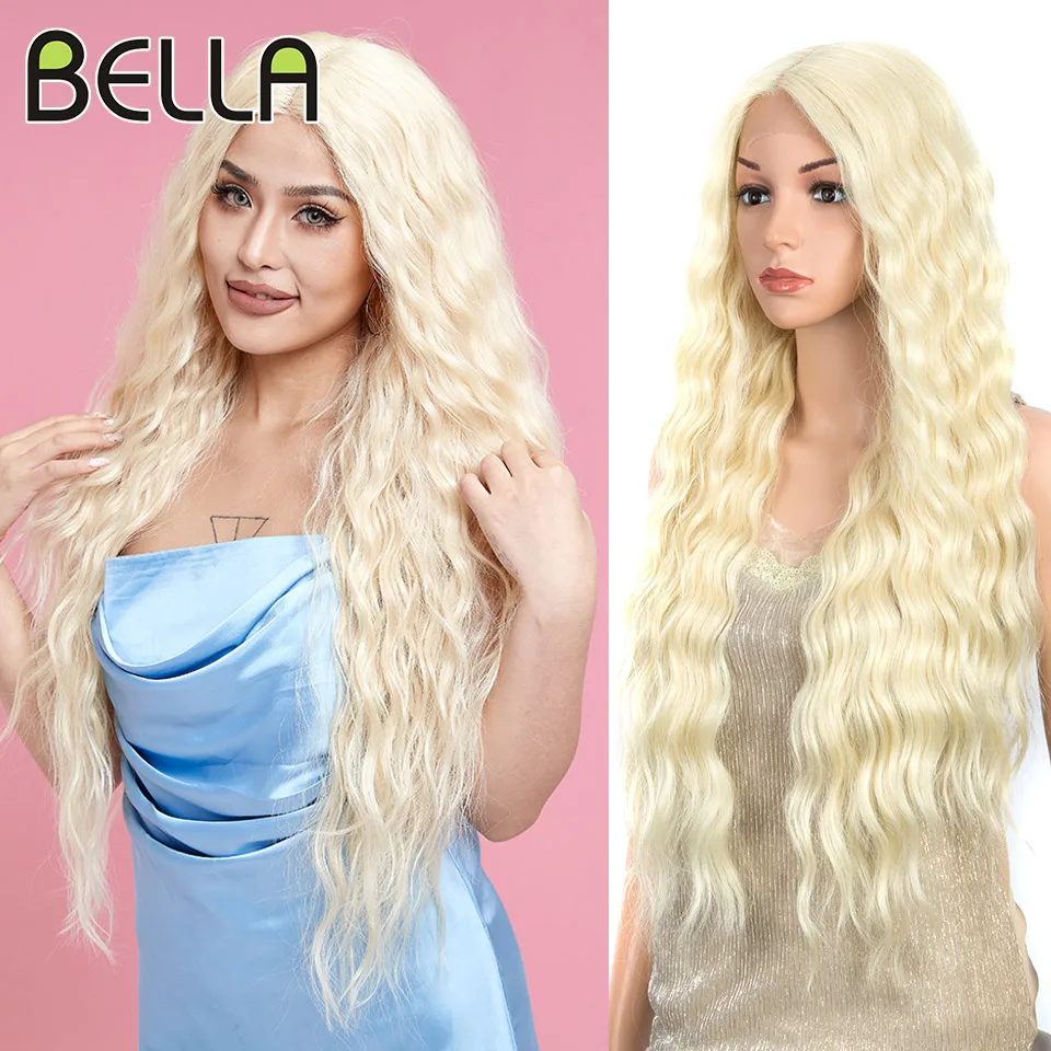 Bella 30 Inch Cosplay Wigs Synthetic Deep Wave Curly T-Part Lace Wig Long Hair Ombre Blonde Heat Resistant Fiber Wigs For Women