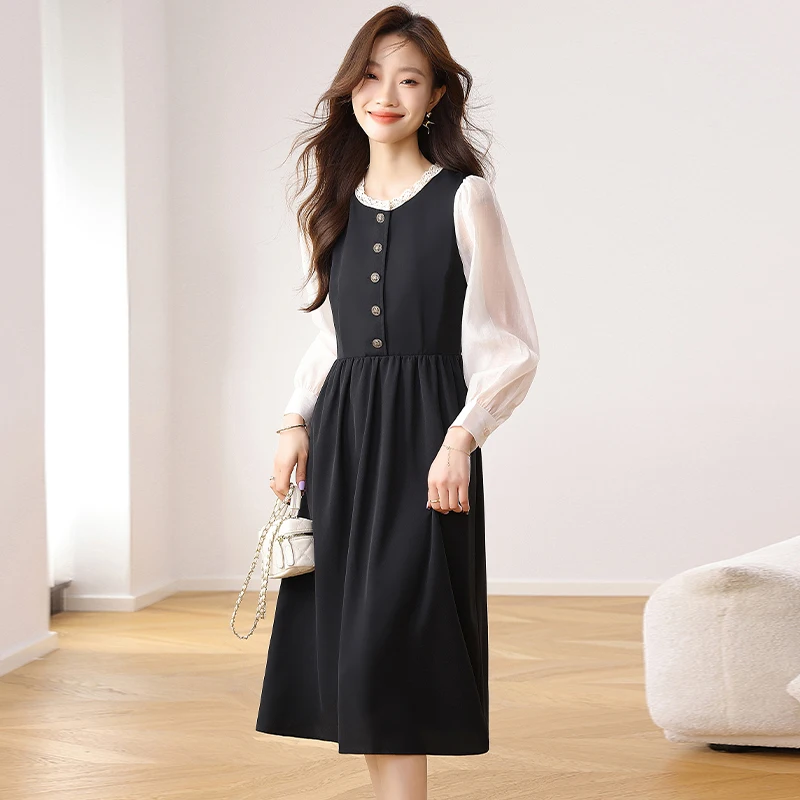 Women's Dress 2024 New Office Lady French Korea Style Patchwork Solid Long Sleeve High Waist O-Neck Dresses