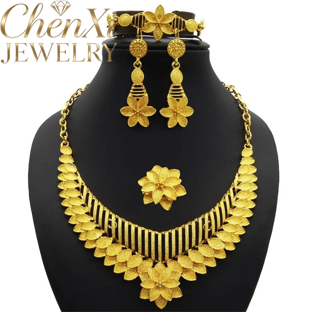 High-End Luxury Elegant Alluvial Gold Fashion Popular Jewelry Set Women Wedding Party Banquet Necklace Earrings Ring 4pcs Gift