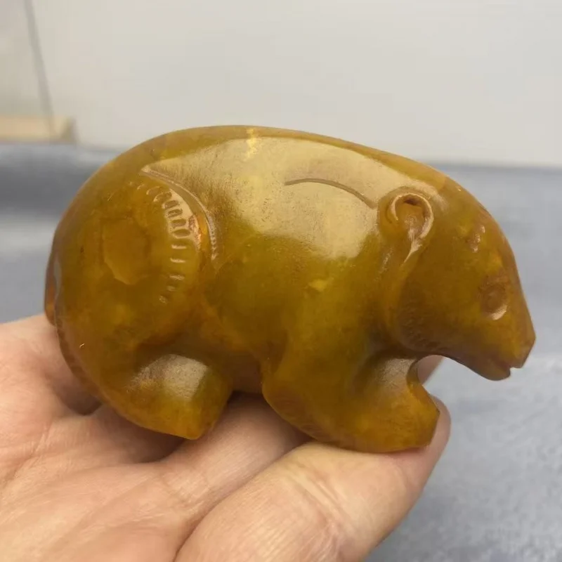 Natural Original Carved Bear Ornament, Hand-Held Piece, Xiuyu Jade, Antique-Style, Distressed Finish, Home Decoration Craft, Ant