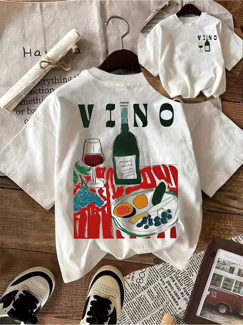 VINO Wine Food T Shirt Women Cotton Double Sided Graphic Printed Short Sleeve Round Neck Streetwear Tee Summer 2026 Hot Sale