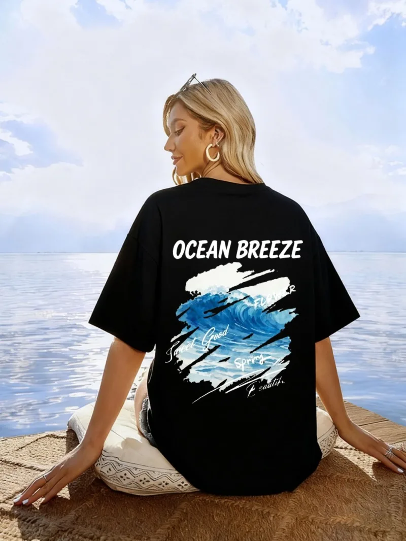 المرأة الجديدة فضفاضة قصيرة الأكمام قميص أسود مطبوعة المحيط موجة نمط النص تصميم الصيف عطلة رداء علوي غير رسمي #2