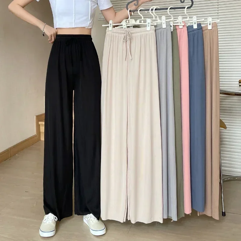 

Women Long Pants2025 Spring Summer Elastic Waist Wide Leg Women Long Trousers Casual Soft Knitted PantsSunscreen Wide-leg Pants