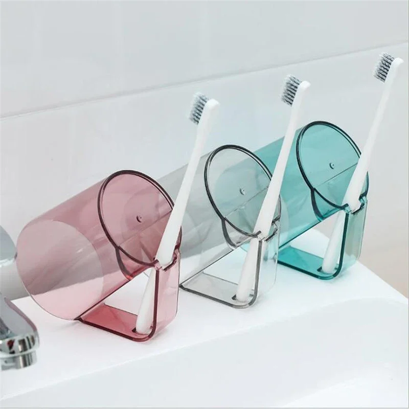 Transparent Inverted Toothbrush Cup and Mouthwash Cup Toothbrush Holder Simple Cup with Handle Bathroom Storage Shelves