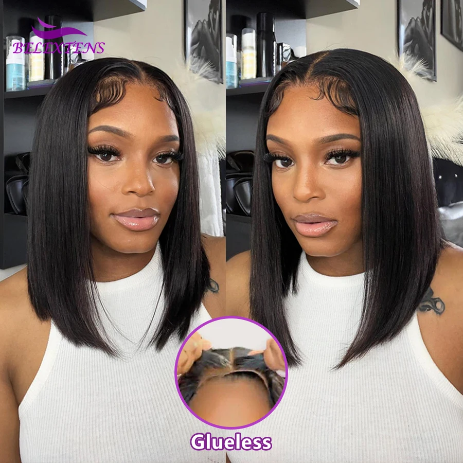 perruques cheveux humains sans colle Perruque Bob Lace Front Wig naturelle cheveux lisses 4x4 10-16 pouces pre-plucked sans colle sans gel prêt à