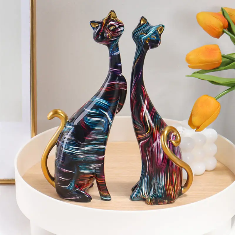 

2 Pcs Cat Statue Desk Home Decor Couple Cats Colorful Painted Animal Resin Figurines Interior Room Table Accessories Home Decor