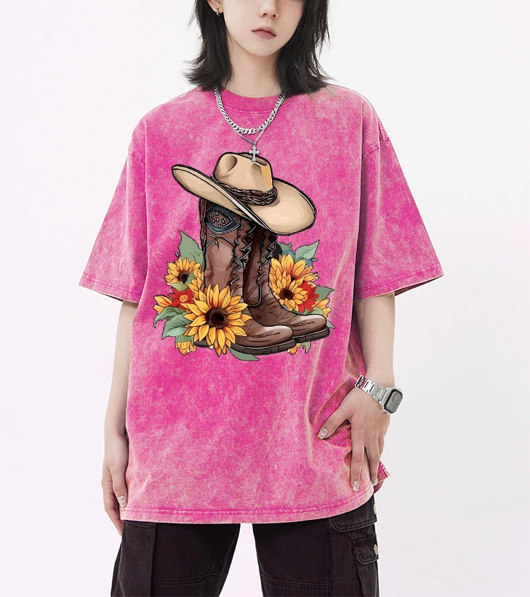 

Cowboy Riding Boots & Sunflowers Printed Washed Women T Shirt Cotton Summer T-Shirts Casual All-Match Tee Clothing Hip Hop Top