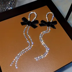Kiss Jewelry Korean Fashion Black Velvet Bow Long Rhinestone Tassel Earrings for Women Luxury Wedding Shiny Drop Earring Gift