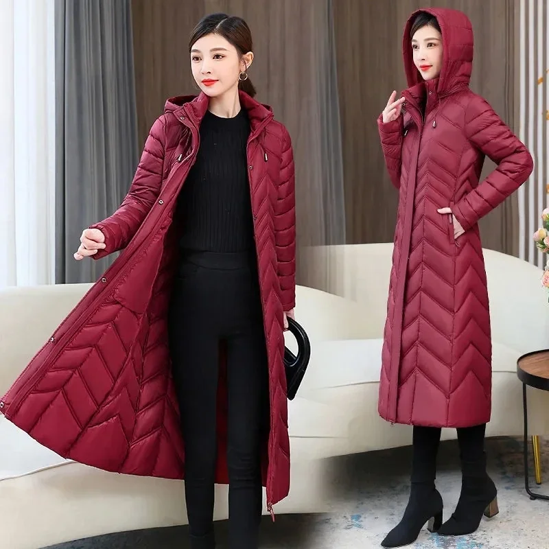 

Mom's Long Down Cotton Jacket 2024 Winter Fashion Slim Hooded Coat Women's Warm Parker Overcoat Solid Female Casual Jackets B391