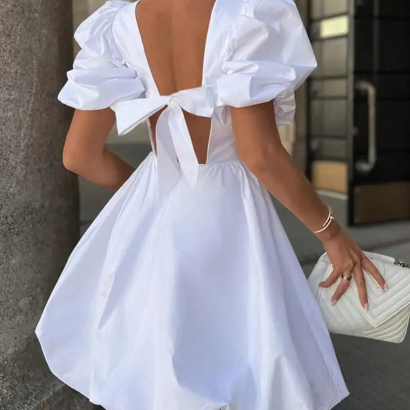 Puff Sleeve Seamless Detail Casual Dress White Backless Tie