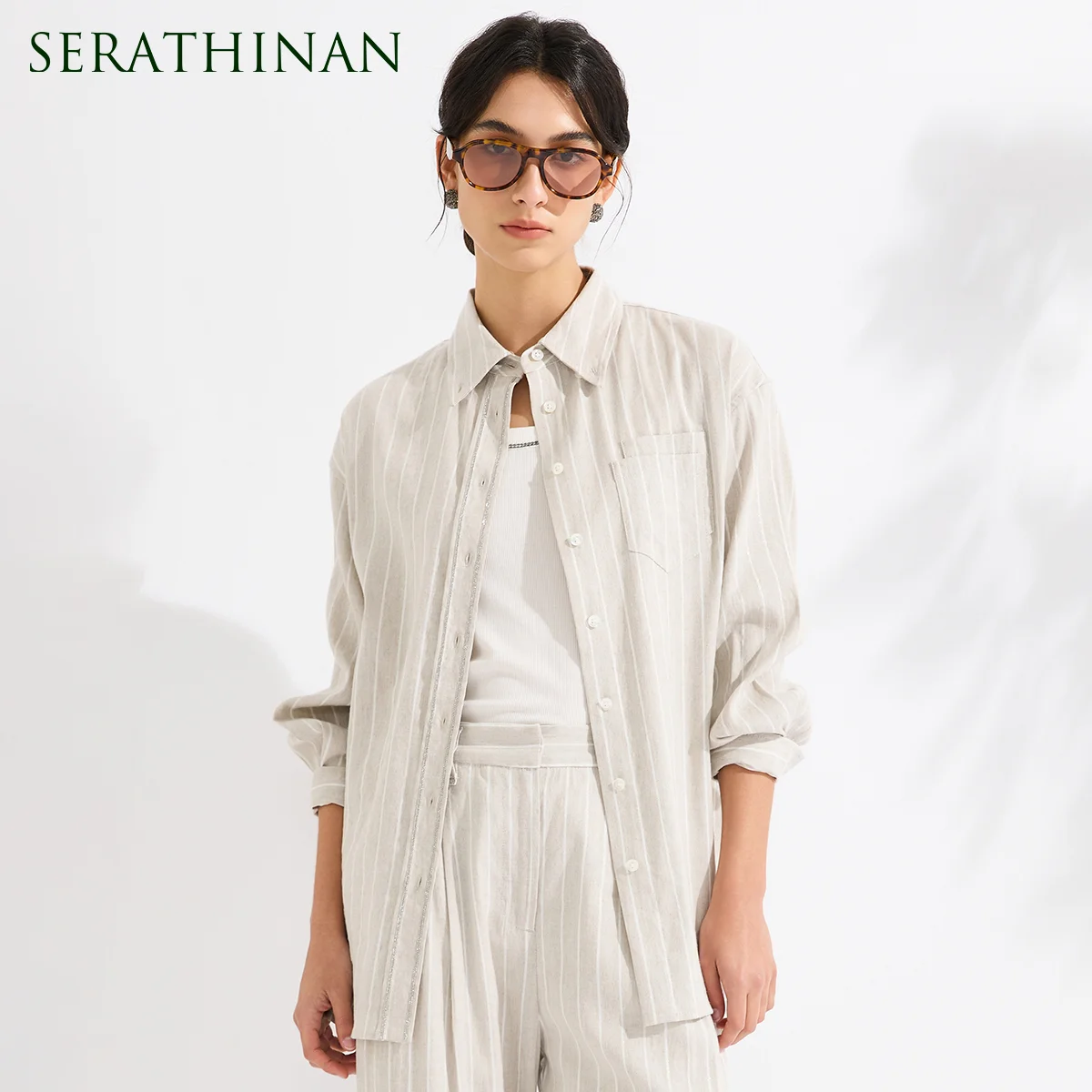 

KT9613607 Luxury Striped Linen Cotton BlendShirt Women's High End Breathable Button Up Blouse Loose Fit Designer Top