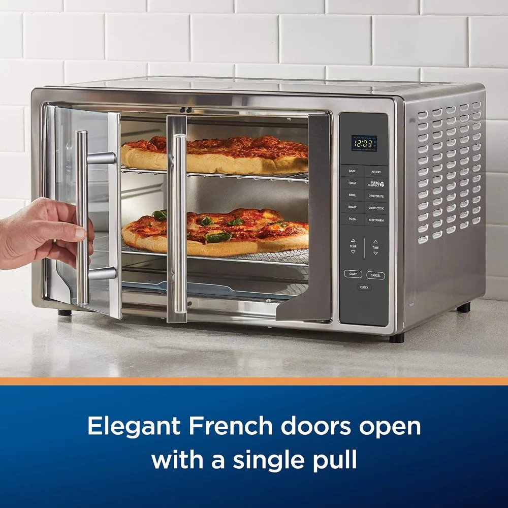 Forno per friggitrice ad aria, forno per tostapane da appoggio 10 in 1, XL adatto a 2 pizze da 16 ", controlli digitali, porte francesi in acciaio inossidabile, friggitrici ad aria