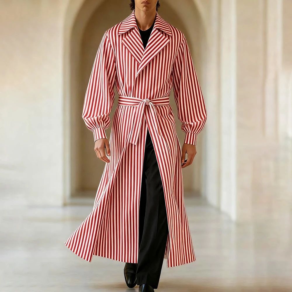 

Luxury Men's Suits Elegant Double Breasted Notch Lapel Long Blazer Fashion Red And White Stripe 2 Piece Jacket Pants Outfits