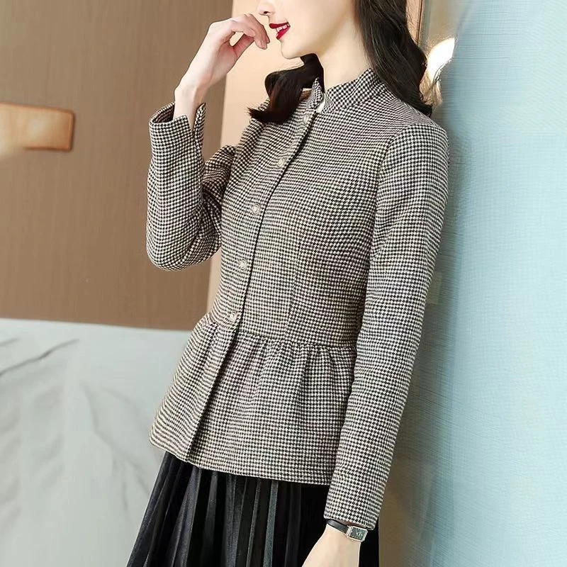 Fashion Spring and Autumn Female Coat All-match Small Suit Temperament Korean Version Slim Cut Cell Hemline Woolen Coat