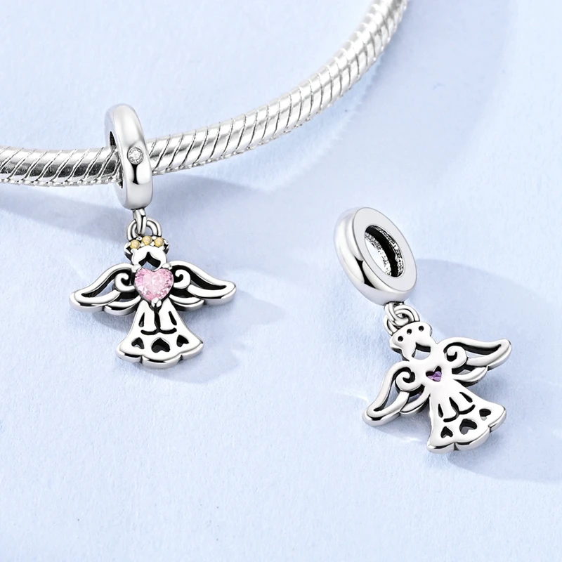 925 Sterling Silver Angel Charms Bead CZ Zircon Love Heart Angel's Guardian Pendants Fit Original Bracelet DIY Jewelry Gift
