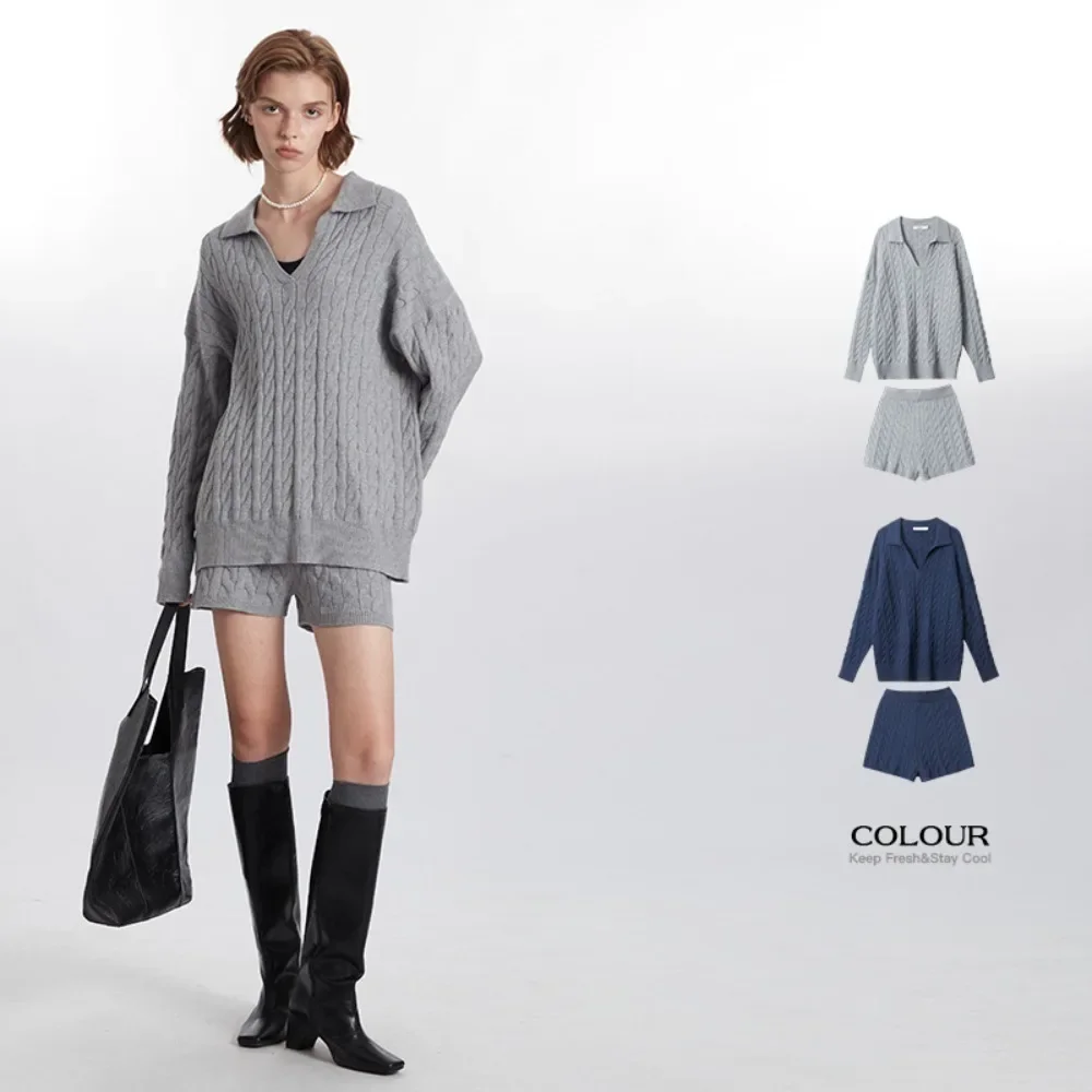 Fashion Women Shorts Set New Polo Collar Sweater+wool Shorts Two-piece Set for Women 2024 New Fashion Women Sweater