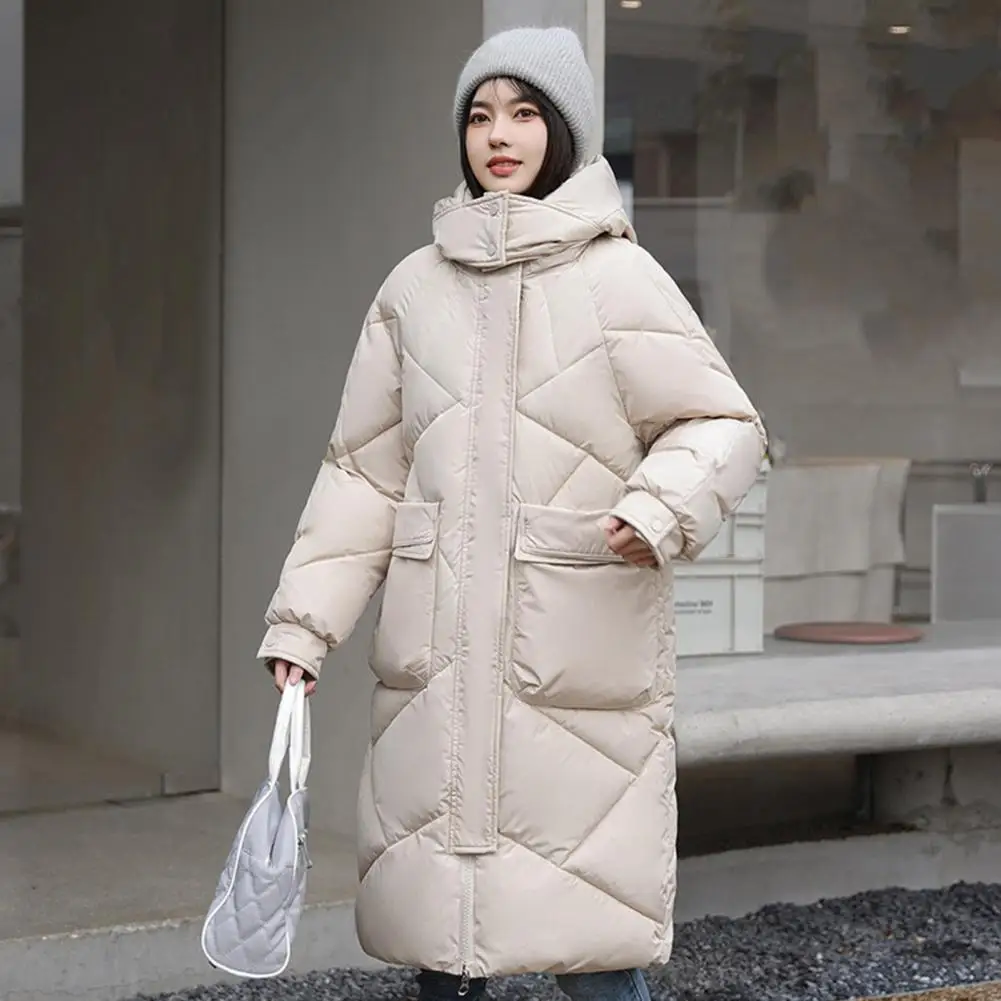 Inverno feminino longo parka casaco engrossado acolchoado manga longa com capuz bolsos grandes comprimento médio solto casaco