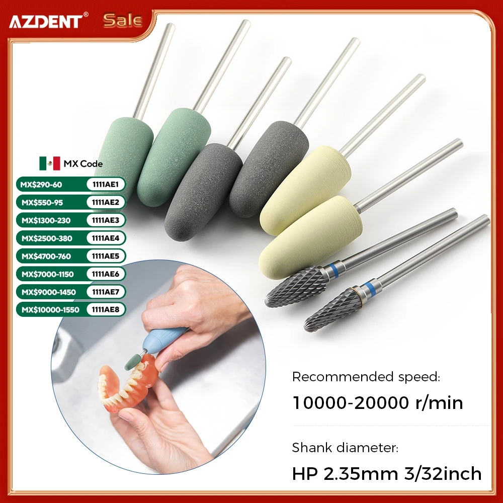 

AZDENT 8pcs/Set Dental Resin Base Acrylic Polishing Kit 6pcs Silicone Polisher +2 Tungsten Carbide Burs HP 2.35mm for Micromotor