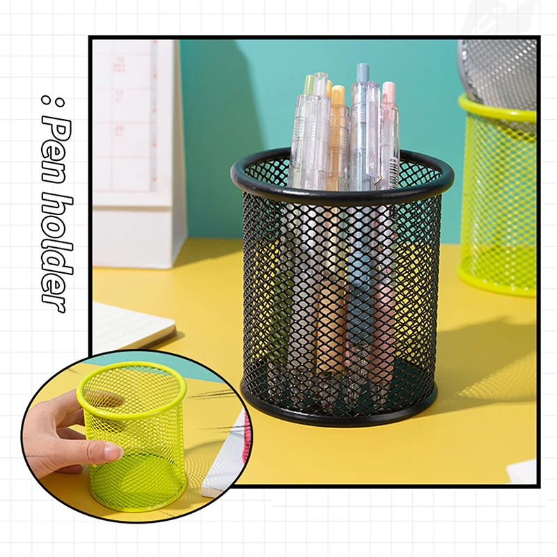 Iron Pen Holder Hollow Desktop Storage Bucket Student Stationery Multi-functional Office Black Color Round Square Pen Holder